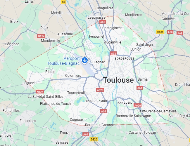 Carte de Toulouse et sa périphérie : Aéroport Blagnac, autoroutes A62, A61, A64, N124. Villes environnantes et périmètre de service rouge.