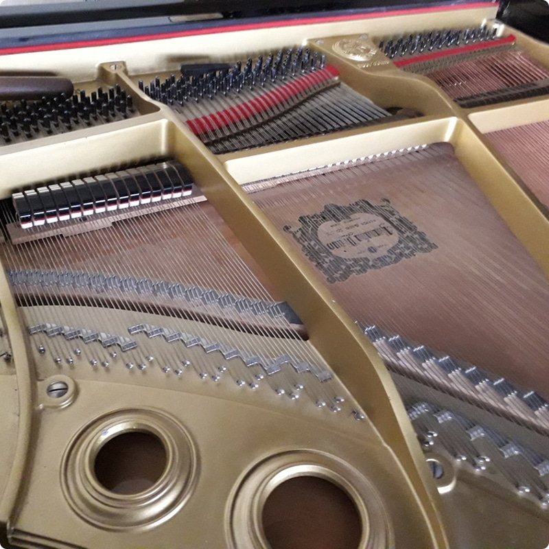 Intérieur de piano à queue : cadre doré, cordes tendues, étouffoirs et "HARDMAN, PECK & CO. NEW YORK" sur la table d'harmonie.