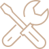 Icône stylisée en contour beige représentant un tournevis croisé avec une clé plate, symbolisant la réparation, l'outillage ou les réglages.